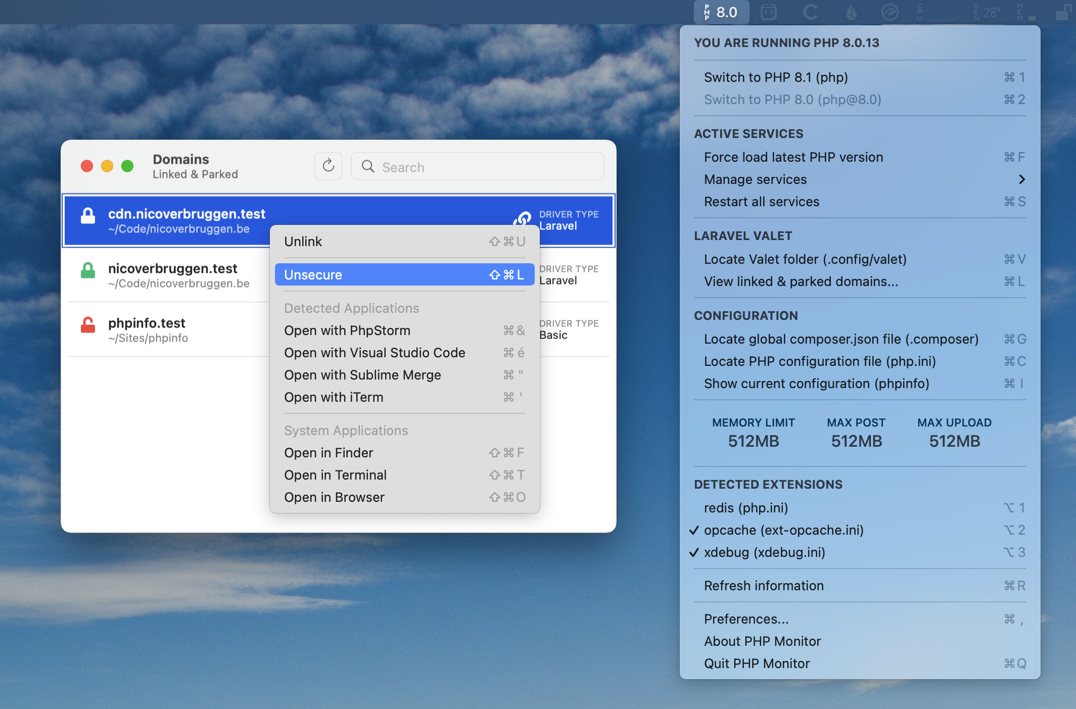 phpmon screenshot (menu bar app)