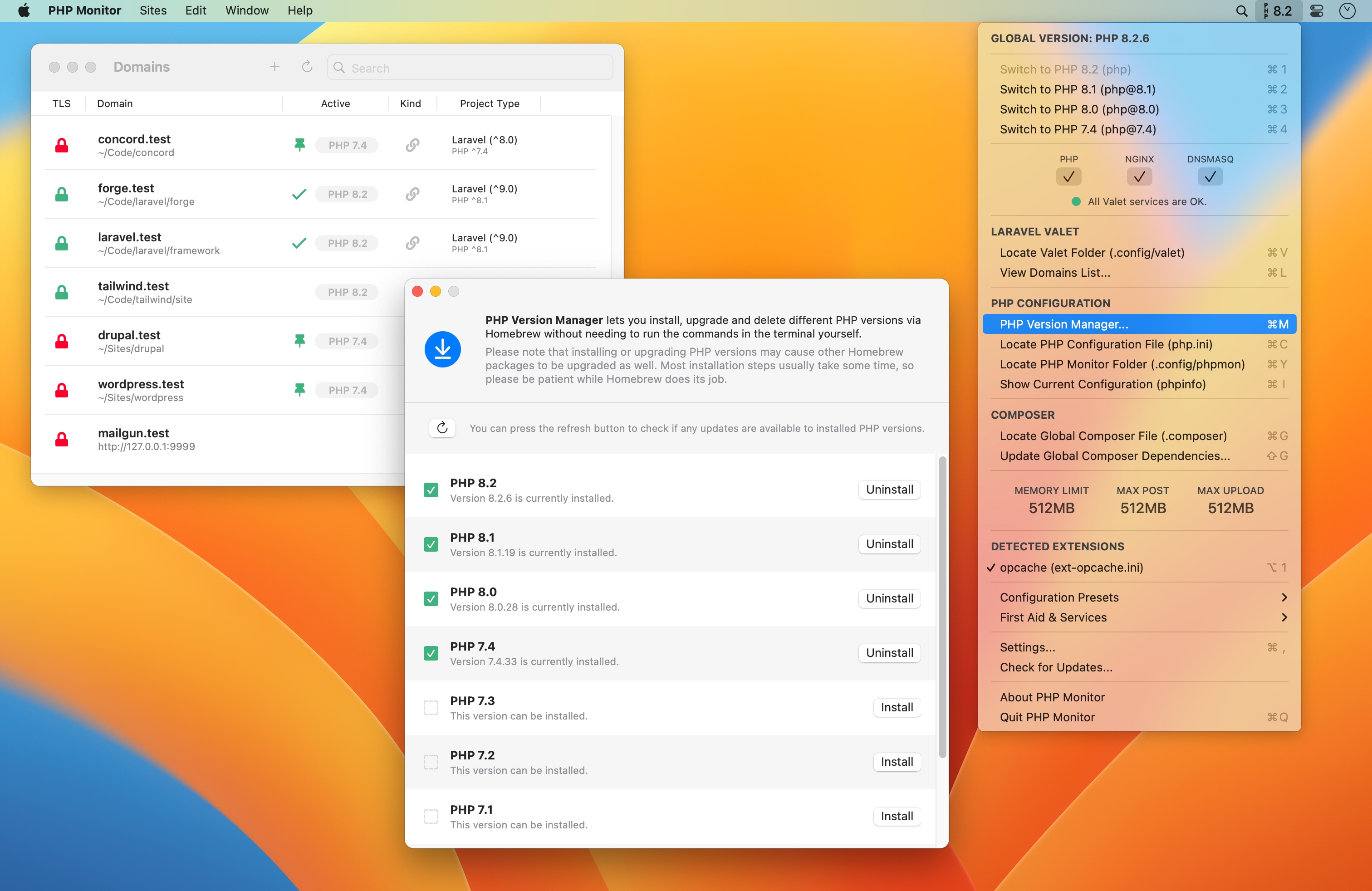 phpmon screenshot (menu bar app)