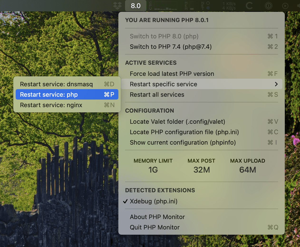 phpmon screenshot (menu bar app)