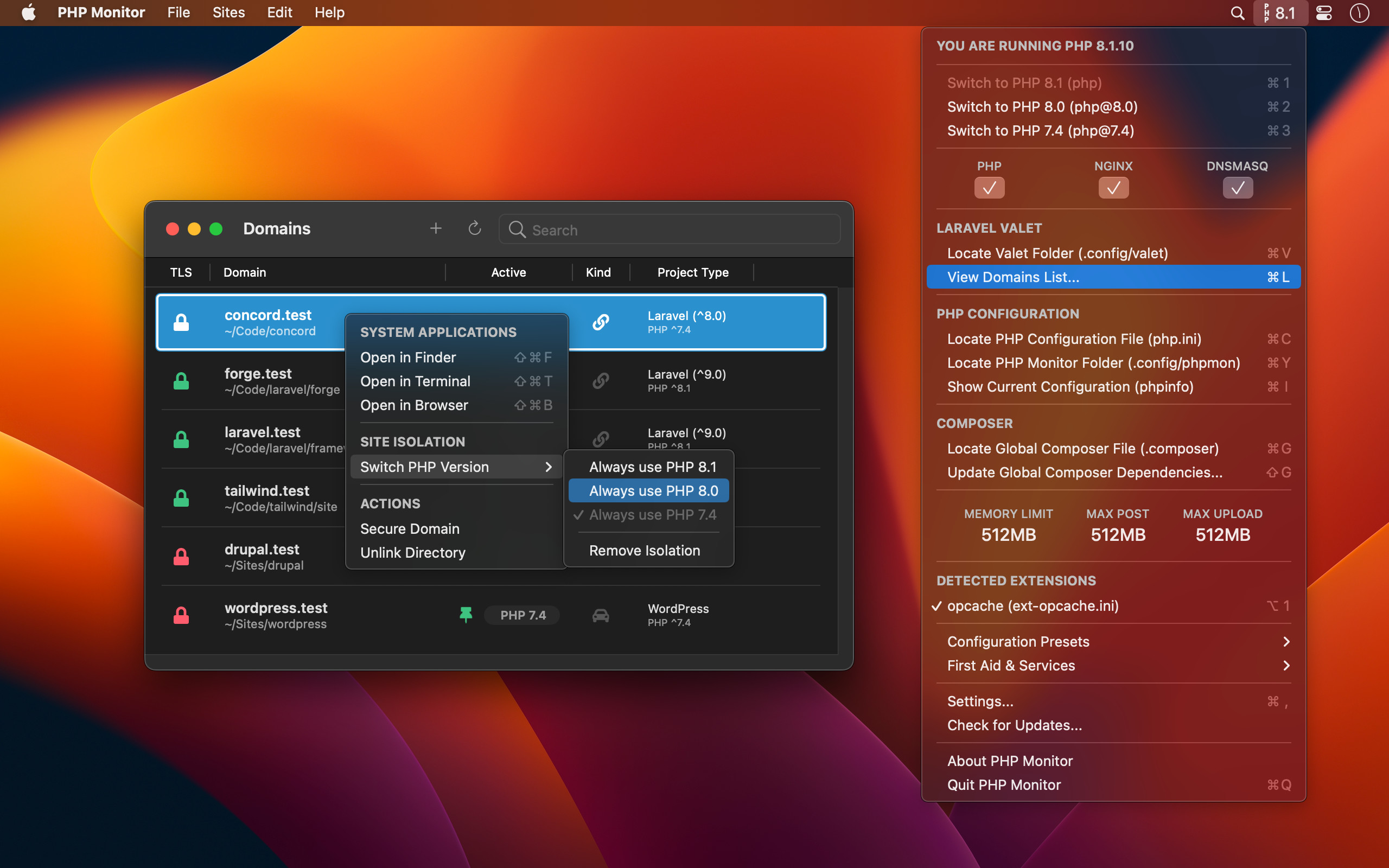 phpmon screenshot (menu bar app)