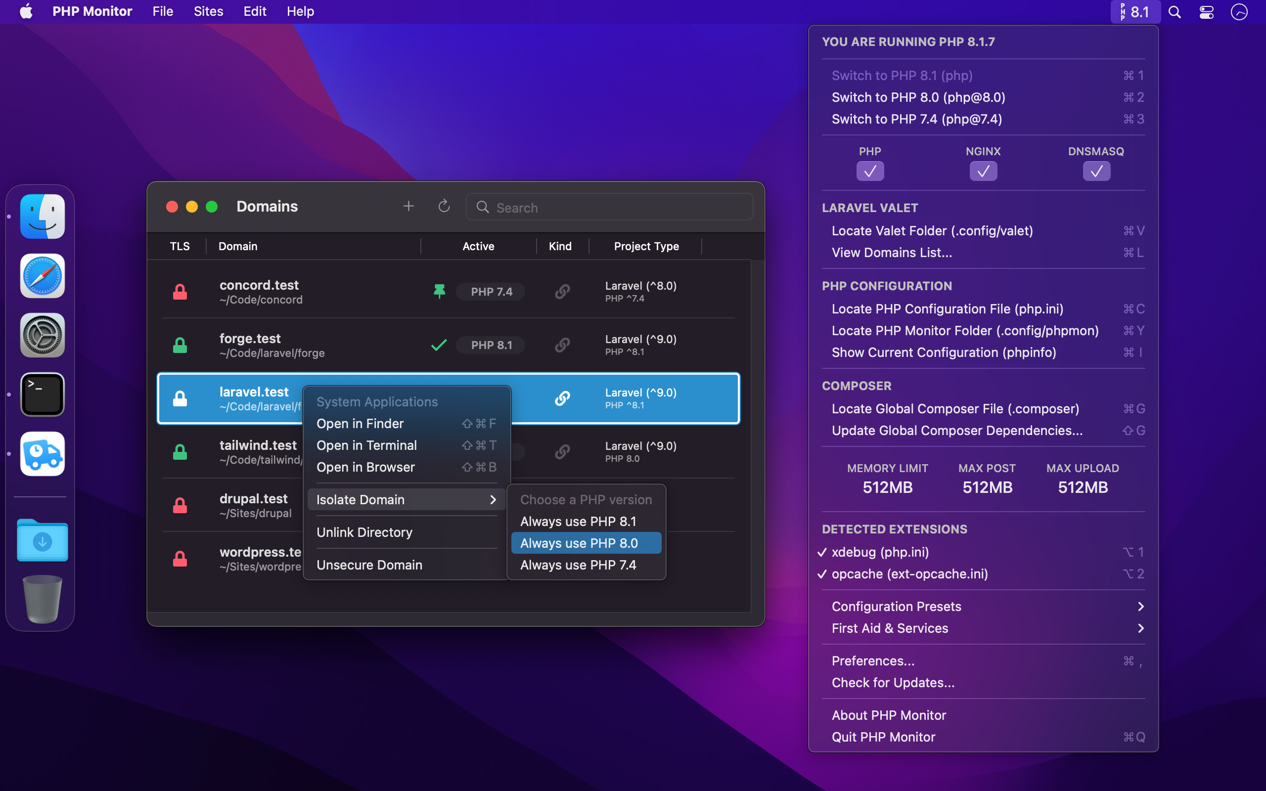 phpmon screenshot (menu bar app)