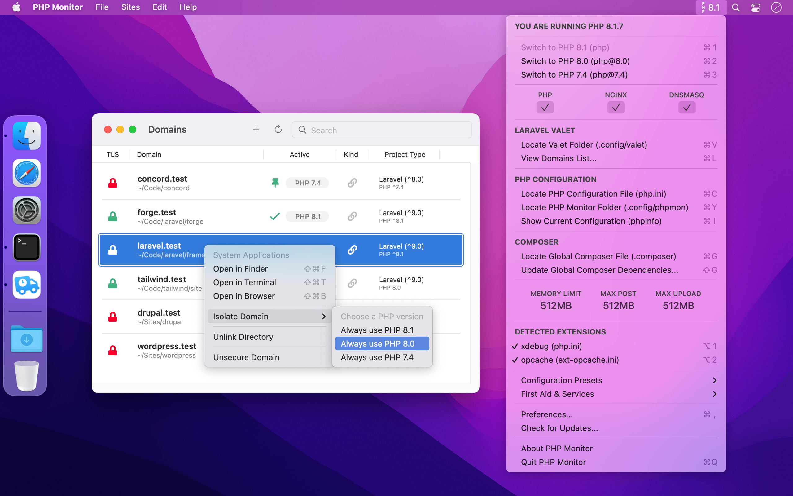 phpmon screenshot (menu bar app)