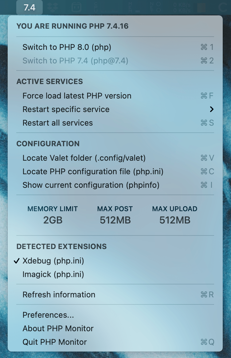 phpmon screenshot (menu bar app)