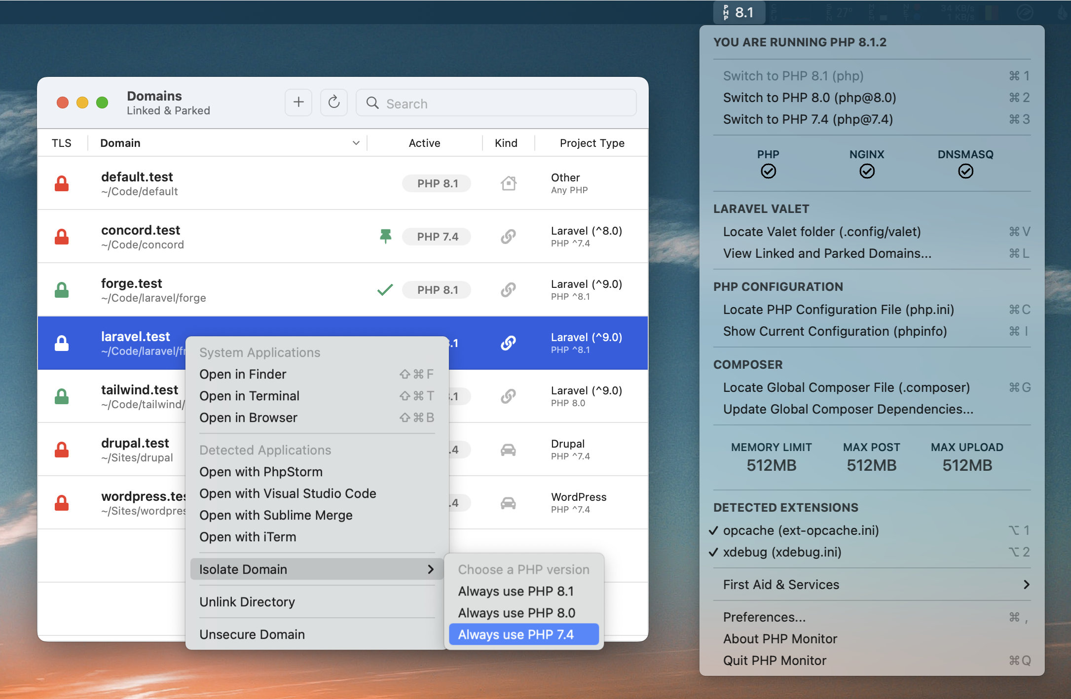 phpmon screenshot (menu bar app)