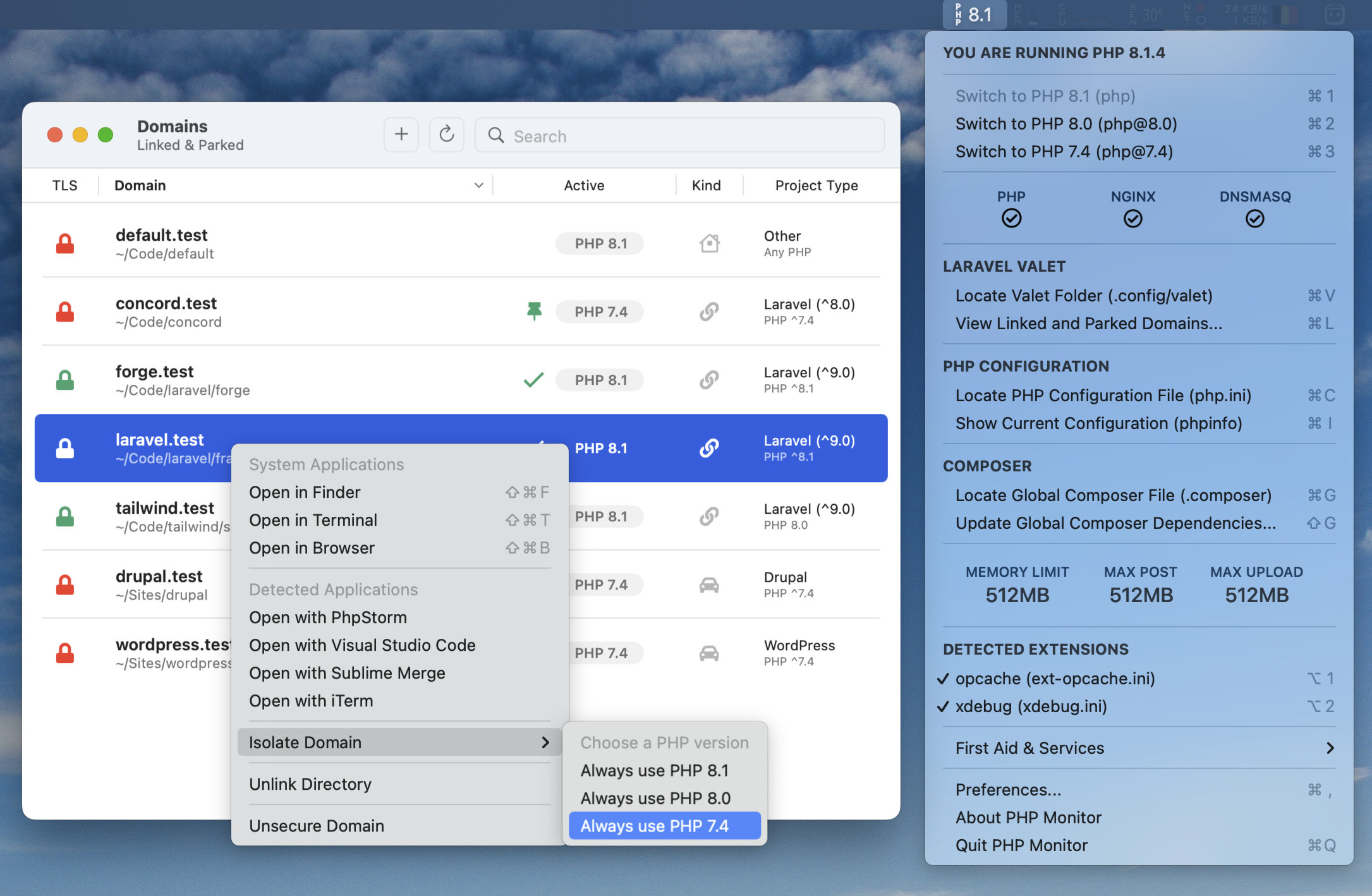 phpmon screenshot (menu bar app)