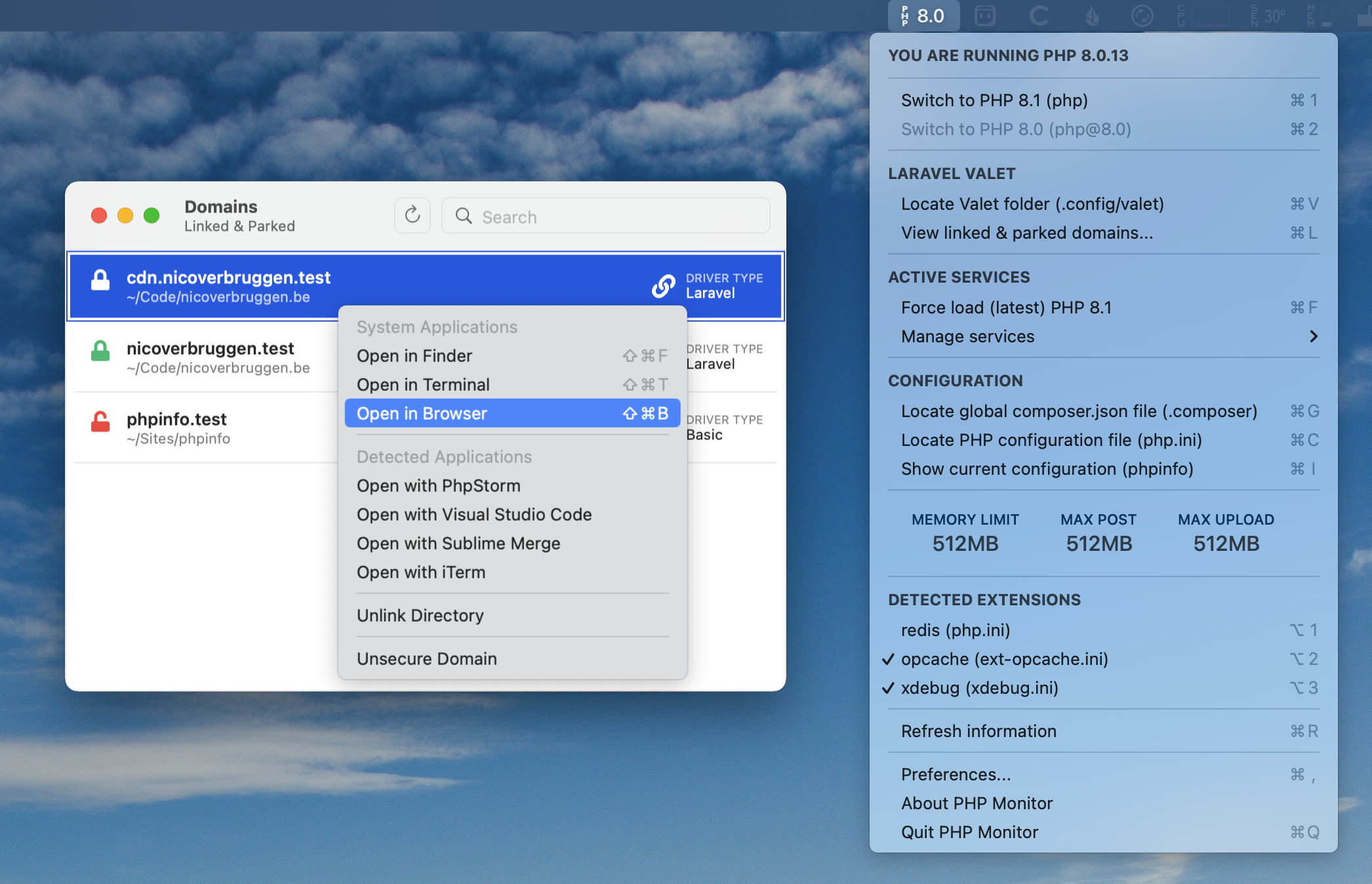 phpmon screenshot (menu bar app)