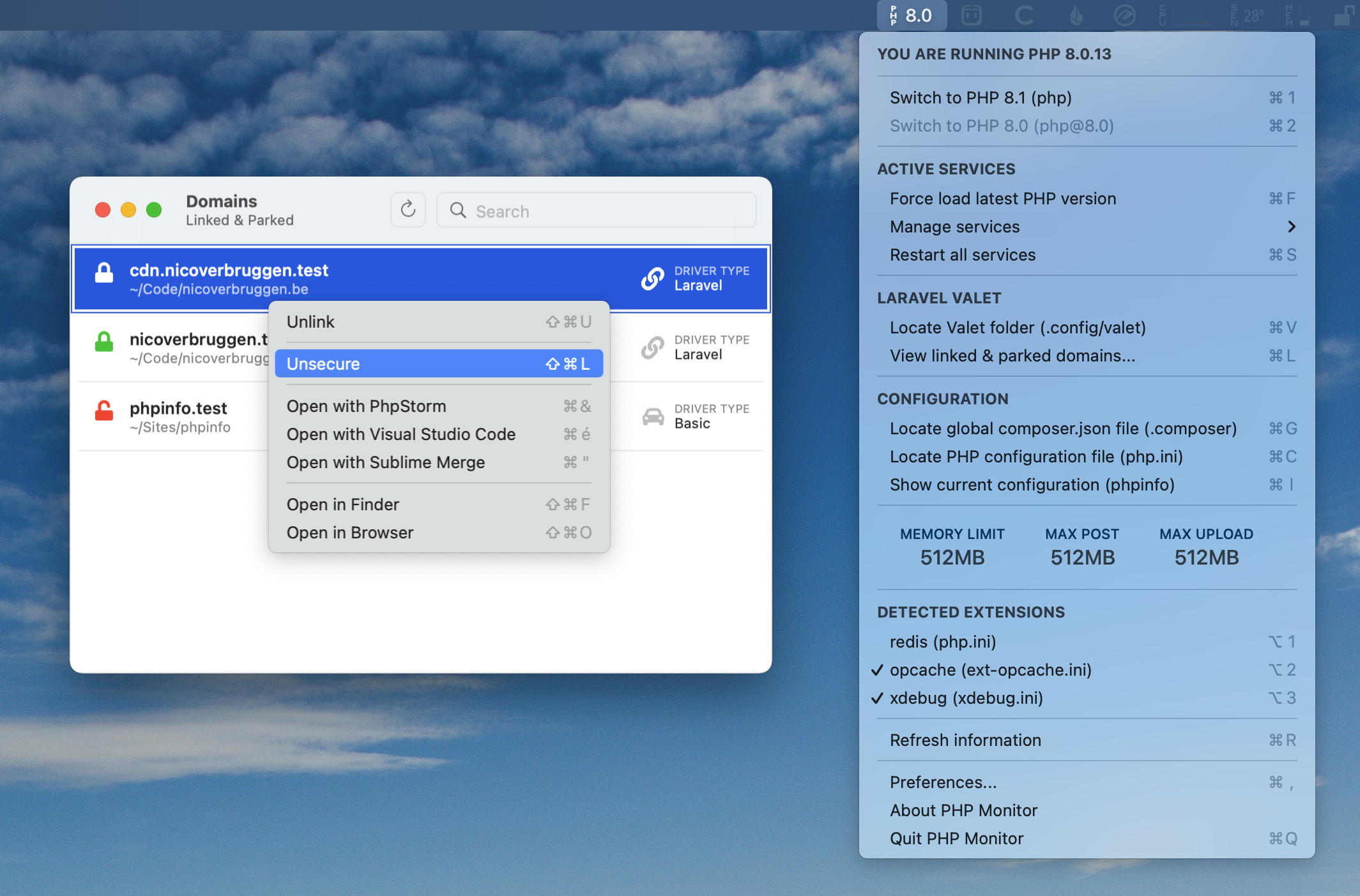 phpmon screenshot (menu bar app)
