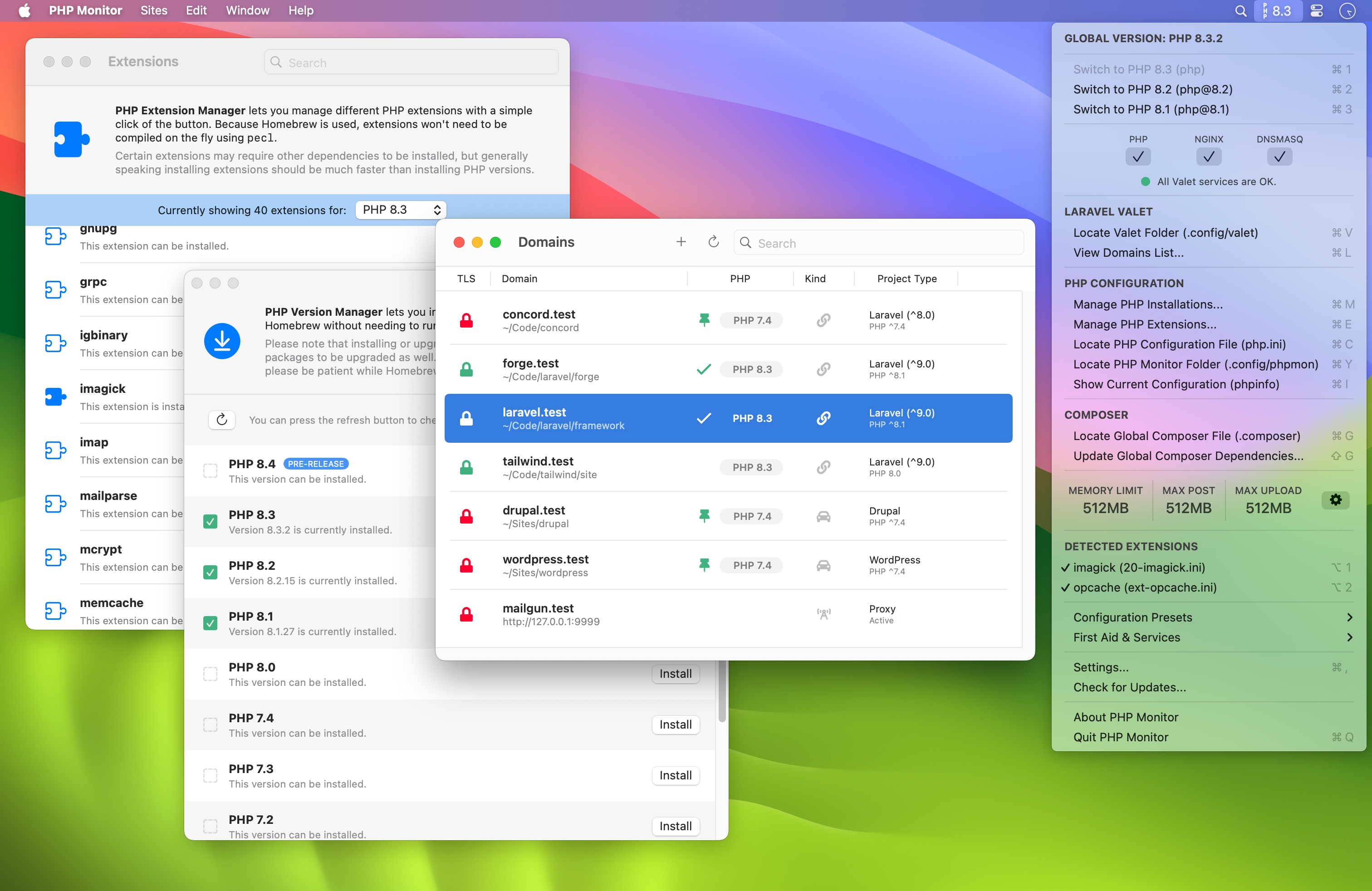 phpmon screenshot (menu bar app)