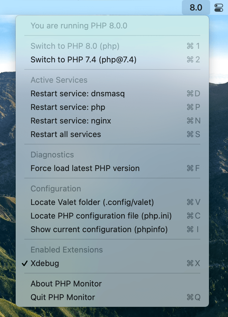 phpmon screenshot (menu bar app)