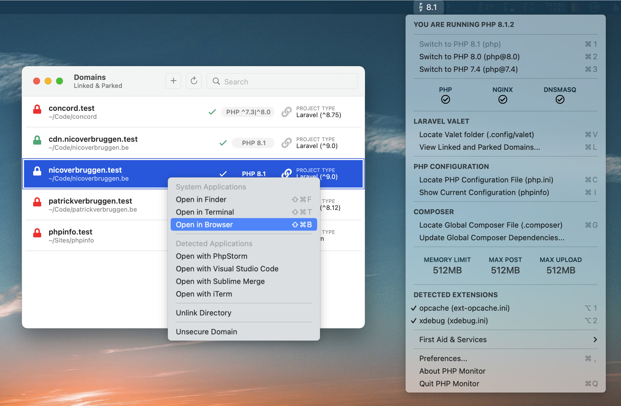 phpmon screenshot (menu bar app)