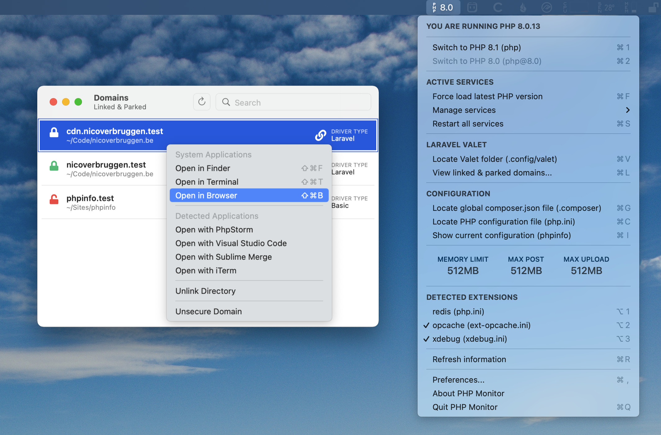 phpmon screenshot (menu bar app)