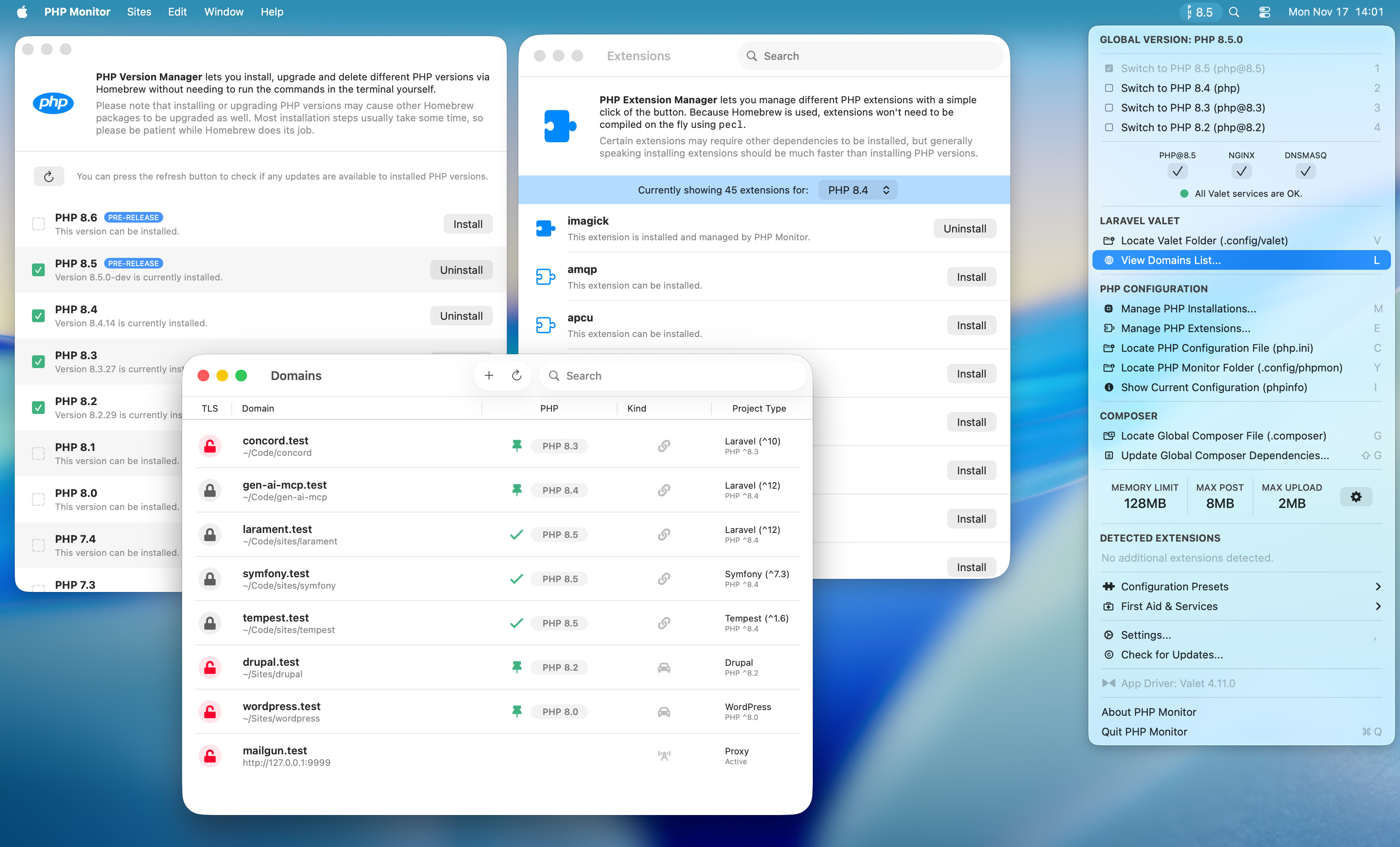 phpmon screenshot (menu bar app)